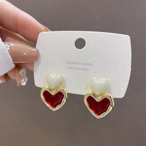 Burgundy Enamel Heart Earrings Metal Love Dangle Vintage Jewelry