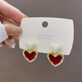 Burgundy Enamel Heart Earrings Metal Love Dangle Vintage Jewelry