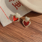 Burgundy Enamel Heart Earrings Metal Love Dangle Vintage Jewelry