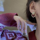Burgundy Enamel Heart Earrings Metal Love Dangle Vintage Jewelry