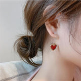 Burgundy Enamel Heart Earrings Metal Love Dangle Vintage Jewelry