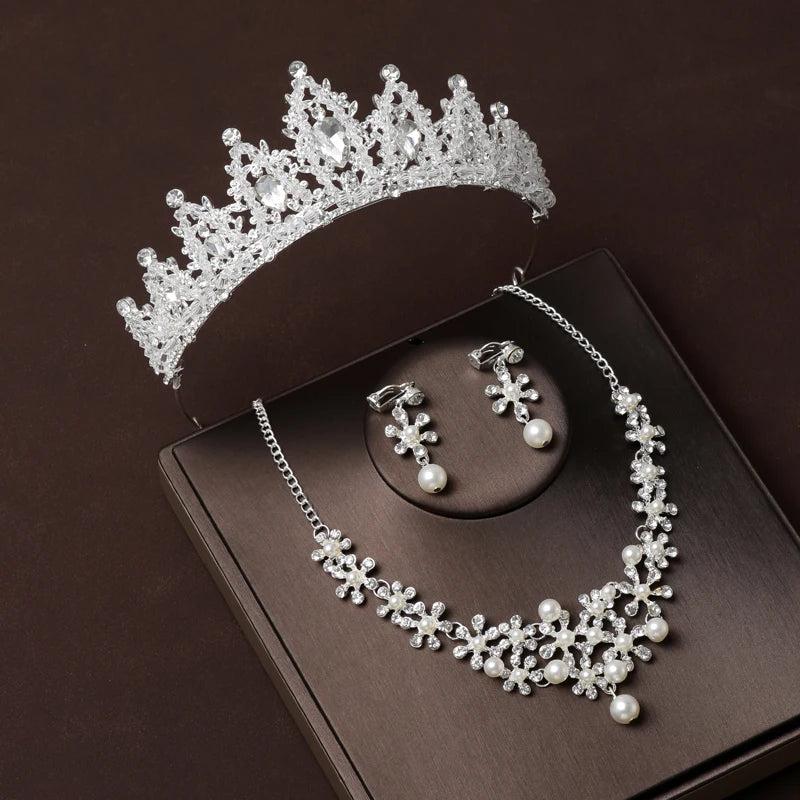 Hand Wrapped Crown Necklace Earring Set for Women's Wedding