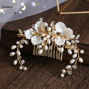 Golden Floral Pearl Hairpin Side Tiaras Wedding Hair Ornament