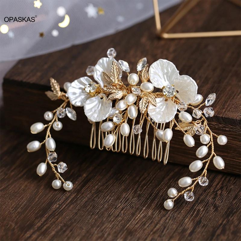 Golden Floral Pearl Hairpin Side Tiaras Wedding Hair Ornament