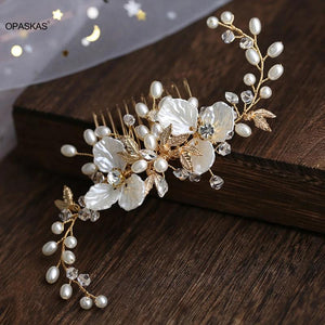Golden Floral Pearl Hairpin Side Tiaras Wedding Hair Ornament