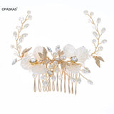 Golden Floral Pearl Hairpin Side Tiaras Wedding Hair Ornament
