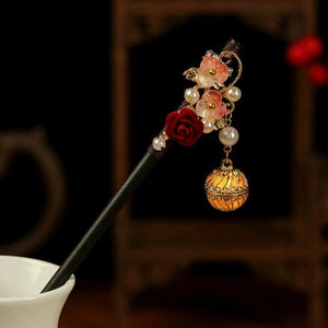 Red Floral Hair Stick Chinese Lantern Ebony Hairpin Vintage Hair Clip