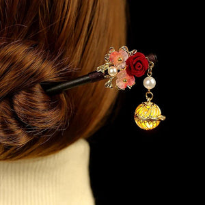 Red Floral Hair Stick Chinese Lantern Ebony Hairpin Vintage Hair Clip