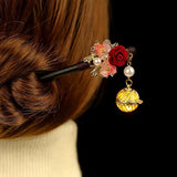Red Floral Hair Stick Chinese Lantern Ebony Hairpin Vintage Hair Clip
