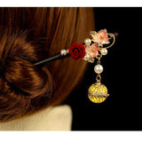 Red Floral Hair Stick Chinese Lantern Ebony Hairpin Vintage Hair Clip