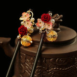 Red Floral Hair Stick Chinese Lantern Ebony Hairpin Vintage Hair Clip