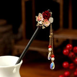 Red Floral Hair Stick Chinese Lantern Ebony Hairpin Vintage Hair Clip