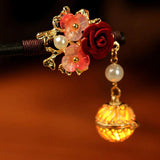Red Floral Hair Stick Chinese Lantern Ebony Hairpin Vintage Hair Clip
