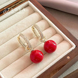 Zircon Circle Red Pearl Pendant Earrings for Women