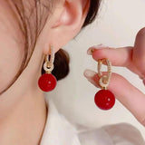 Zircon Circle Red Pearl Pendant Earrings for Women