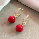 Zircon Circle Red Pearl Pendant Earrings for Women