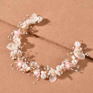 Flower Wedding Headband Bride Hair Jewelry with Ribbon Pearl Hair Vines