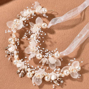 Flower Wedding Headband Bride Hair Jewelry with Ribbon Pearl Hair Vines