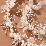 Flower Wedding Headband Bride Hair Jewelry with Ribbon Pearl Hair Vines