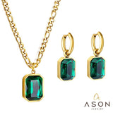 Green CZ Drop Dangle Earrings & Pendant Necklace Set
