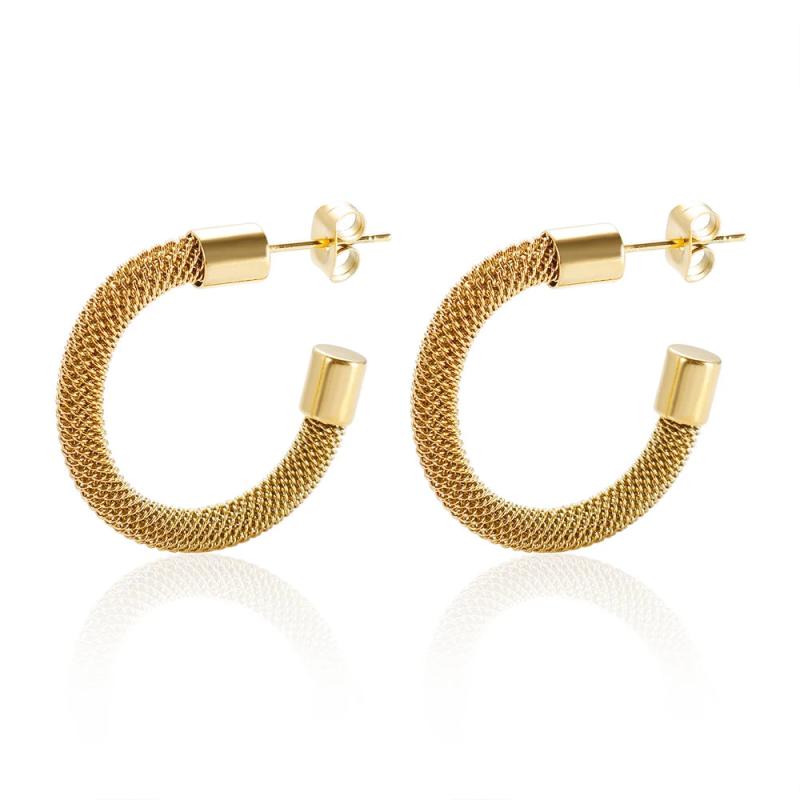 Vintage Woven Mesh C Shape Hoop Earrings Waterproof 18K Plated