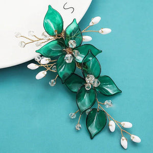 Green Flower Hairpins Side Clips Rhinestone Hair Combs for Bride Wedding