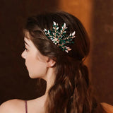 Green Flower Hairpins Side Clips Rhinestone Hair Combs for Bride Wedding