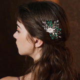 Green Flower Hairpins Side Clips Rhinestone Hair Combs for Bride Wedding