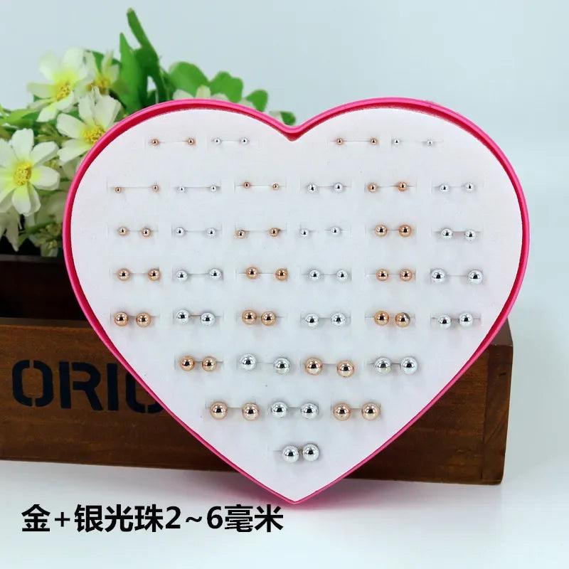 36 Pairs Plastic Peach Heart Rhinestone Ear Studs for Girls-ER230616