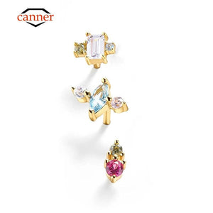 925 Silver Stud Earrings Shining Colorful Zircon Wedding Jewelry Gift