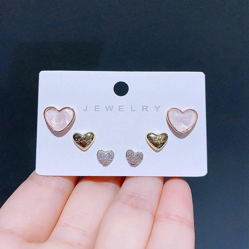 Romantic Heart Earrings Set Rose Gold/Silver Plated Women Studs