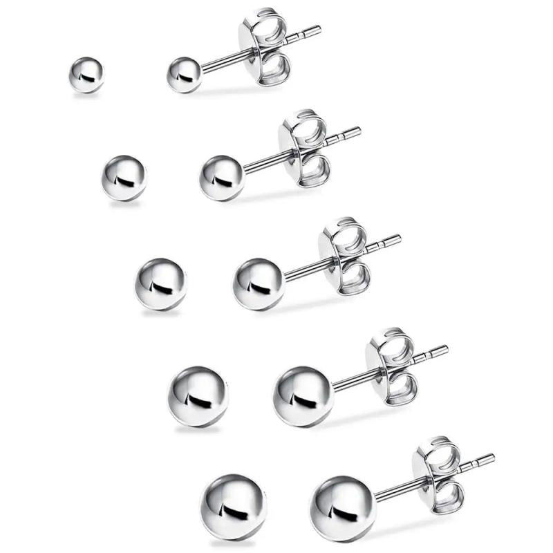 5 Pairs Stainless Steel Ball Stud Earrings Set Assorted Sizes 4mm-8mm