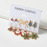 12pcs Christmas Earring Sets Red Snow Shape Diamond Inlaid Stud Hook Earrings