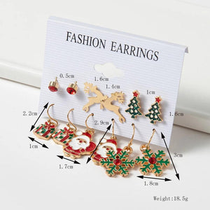 12pcs Christmas Earring Sets Red Snow Shape Diamond Inlaid Stud Hook Earrings