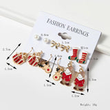 12pcs Christmas Earring Sets Red Snow Shape Diamond Inlaid Stud Hook Earrings