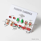 12pcs Christmas Earring Sets Red Snow Shape Diamond Inlaid Stud Hook Earrings
