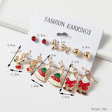 12pcs Christmas Earring Sets Red Snow Shape Diamond Inlaid Stud Hook Earrings