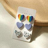 Colorful Stripe Leopard Heart Acrylic Stud Earrings Set