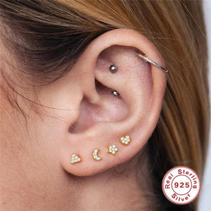 925 Silver Mini Moon Stud Earrings for Women Piercing Jewelry