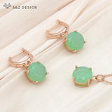 S&Z Round Green Opal Drop Earrings & Necklace Set