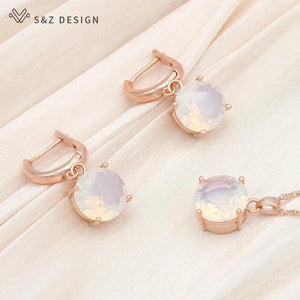 S&Z Round Green Opal Drop Earrings & Necklace Set