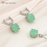 S&Z Round Green Opal Drop Earrings & Necklace Set