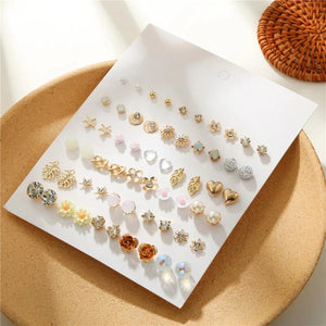 30 Pairs Ear Piercing Women's Stud Earrings Set Geometry Crystal Ear Studs