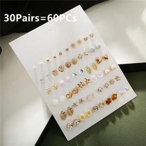 30 Pairs Ear Piercing Women's Stud Earrings Set Geometry Crystal Ear Studs