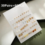 30 Pairs Ear Piercing Women's Stud Earrings Set Geometry Crystal Ear Studs