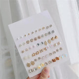 30 Pairs Ear Piercing Women's Stud Earrings Set Geometry Crystal Ear Studs