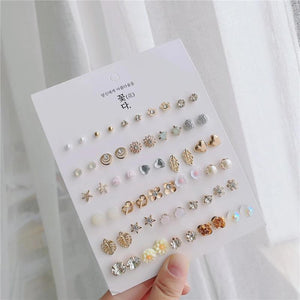 30 Pair/Set Women Crystal Leaf Flower Stud Earrings Set Piercing Pearl Beaded