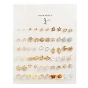 30 Pair/Set Women Crystal Leaf Flower Stud Earrings Set Piercing Pearl Beaded