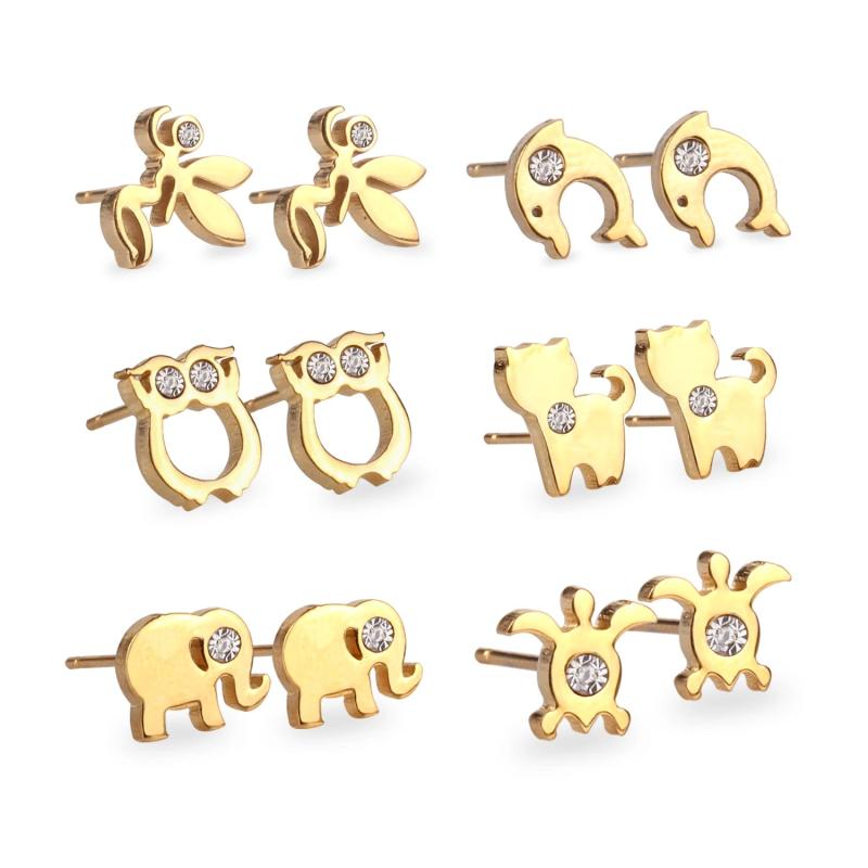 Animal Earring Set Zirconia Stainless Steel Elephant Cat Earrings