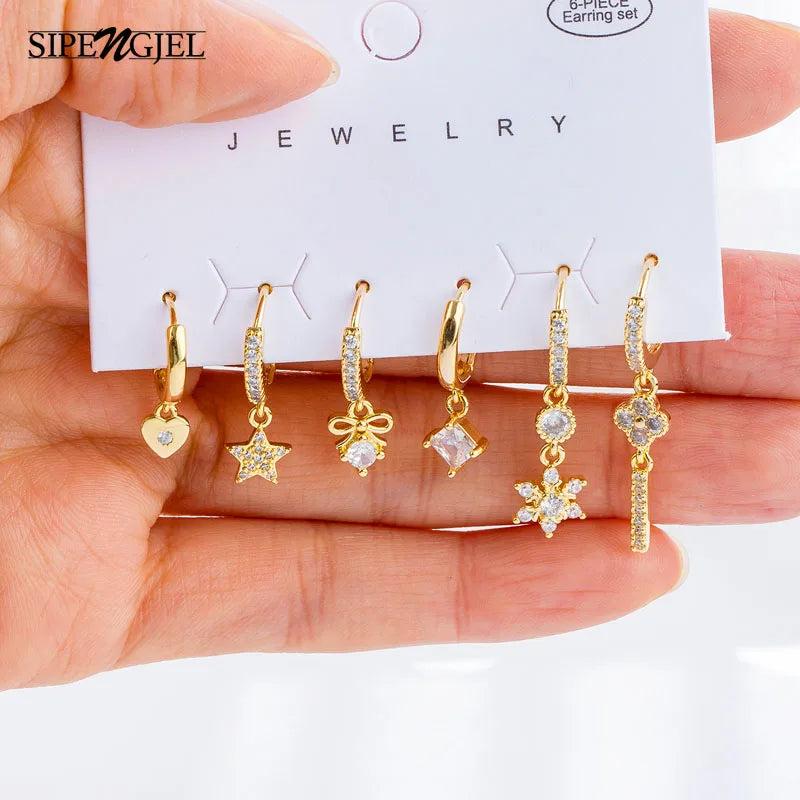6 Pcs Heart Star Dangle Hoop Earrings Set For Women